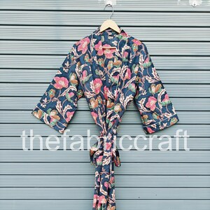 Floral Print Cotton Kimono Robe: Hand Block Printed Beach Cover Up