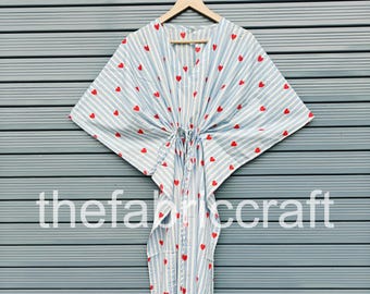 Plus Size Cotton Kaftan Dress: Indian Block Print Lounge Beach Cover-Up