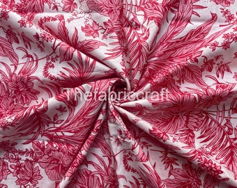 Beautiful Pink Floral Print Fabric, India Hand Block Print Fabric, Handmade 100% Soft & Pure Cotton Fabric By The Yard, Dressmaking Fabric