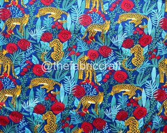 Hand Block Print Cotton Fabric, Animal Floral Quilting Fabric