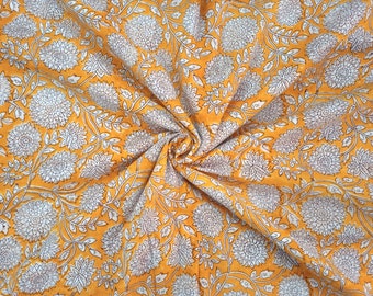 Mustard Floral Fabric: Hand Block Print Soft Cotton, Indian Sewing Quilting Fabric