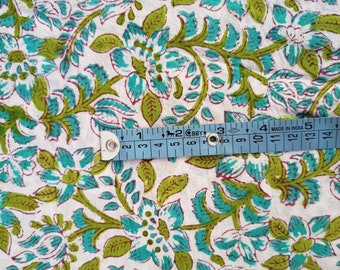 Green Floral Print Cotton Fabric, Block Print Fabric, Printed Cotton Fabric, Cotton Fabric By The Yard