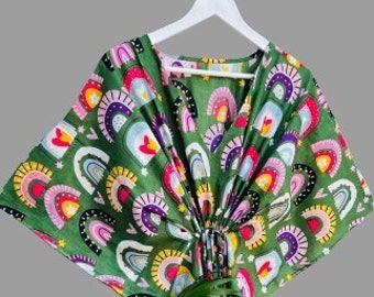 Caftán de algodón con estampado de bloques, vestido largo verde, pareo de playa