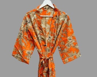 Hand Block Printed Cotton Kimono, Long Dressing Gown, Bridesmaid Robe
