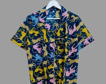 Pijama corto de algodón con estampado de bloques a mano - Ropa de dormir para mujer