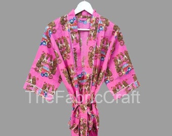 Pink Tiger Print Cotton Kimono Robe, Maternity Loungewear