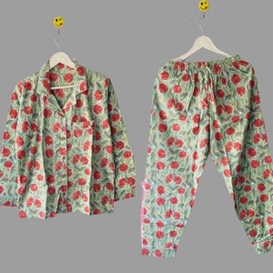 Indian 100% Soft & Pure Cotton Pajama Set, Floral Hand Block Print Pj Set, Women Sleepwear Pajamas, Matching Pajama Set, Loungewear