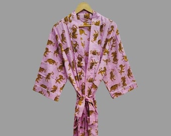 Animal Print Cotton Kimono Robe, Indian Block Print Nightwear