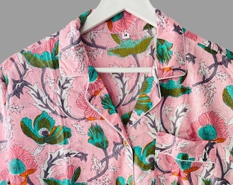 Pink Floral Pajama Set: Indian Hand Block Print Cotton Night Suit