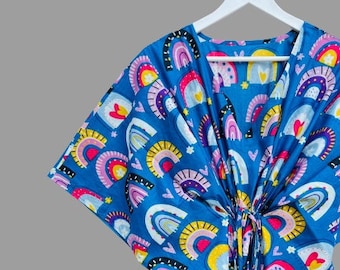 Blauwe katoenen kaftan met blokprint, strandkleed, loungekleding