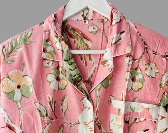 Beautiful Pink Bird Pajama set, Indian Handmade Pj set, 100% Pure Cotton Pjs, Loungewear, Nightwear Dress, Sleepwear