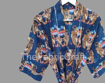 Indian Animal Print Cotton Kimono Robe: Long Dressing Gown