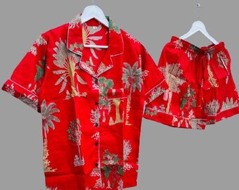 Conjunto de pijama con estampado de palmeras rojas, ropa de dormir de algodón hecha a mano en la India.
