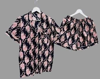 Handgefertigte Baumwolle Pyjama Shorts Set, Damen Sommer Nachtwäsche