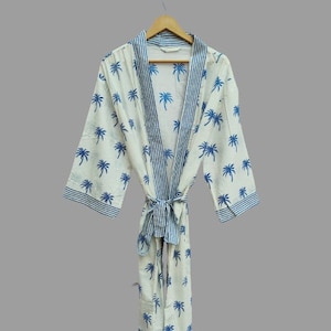 Indian Hand Block Printed Cotton Kimono Robe, Long Dressing Gown, Nightwear Dress, Beach Cover Up, Dress For to be Moms