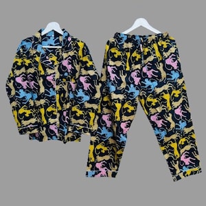Indian 100% pure cotton pyjamas, Womens Soft cotton pj&#39;s, ultra light weight cotton pyjama Set, Leopard printed cotton pyjama set