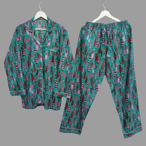 Soft & Comfortable Cotton Pajama Set, Indian Floral Hand Block Print, 100% Cotton Night Wear, Long Pajamas Set , Bridesmaid Pajamas Dress