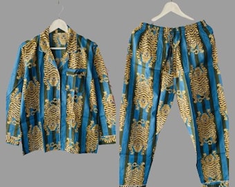 Handtryckt bomullspyjamaset: Indisk nattdräkt, loungekläder