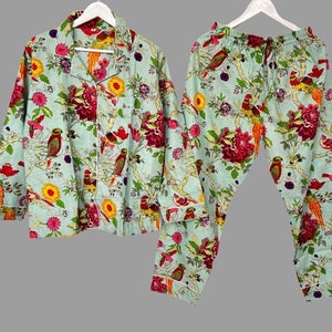 Handmade Cotton Pajama Set: Floral Bird Print Loungewear