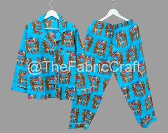 Cotton Pajama Set: Indian Tiger Print Lightweight Nightwear