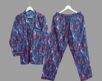Pigiama da donna con stampa a blocchi di mano/Set pigiama in cotone/Pigiama da donna