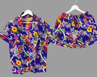 Set di pantaloncini da pigiama in cotone fatti a mano, pigiama floreale