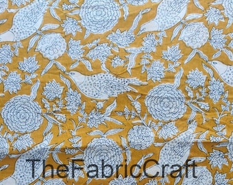 Indian Cotton Fabric By The Yard, Floral Bird Print, Hand Block Print