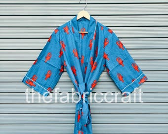 Handmade Cotton Kimono Robe, Lobster Print, Beach Cover-Up