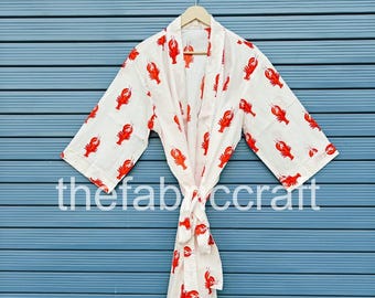 Lobster Print Cotton Kimono Robe, Bridal Gift