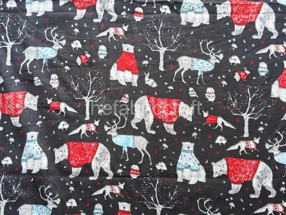 Christmas Print Cotton Fabric: Black Winter Animals, Dressmaking Sewing Material