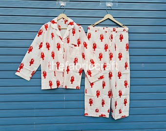 Cotton Pajama Set, Lobster Print Bridal Pajamas