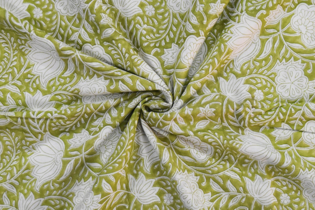 Green Floral Cotton Fabric: Hand Block Print Indian Sewing Fabric - Etsy