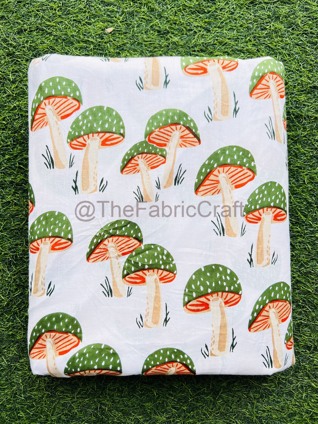Green Mushroom Print Cotton Fabric, Indian Soft Cotton Light Weight