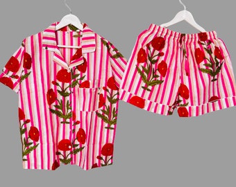 New Floral Print Pajama set, Nightwear Dress, Indian Hand Block Print Pj short, Loungewear, Women&#39;s Clothing, Gift For Her