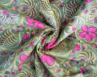 Pink Floral Print Green Fabric, Block Print Fabric, Indian Cotton Fabric By The Yard, Sewing Fabric, Women's Clothing, Dressmaking Fabric