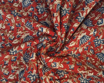 Kalamkari Red Floral Cotton Fabric: Hand Block Print By The Yard