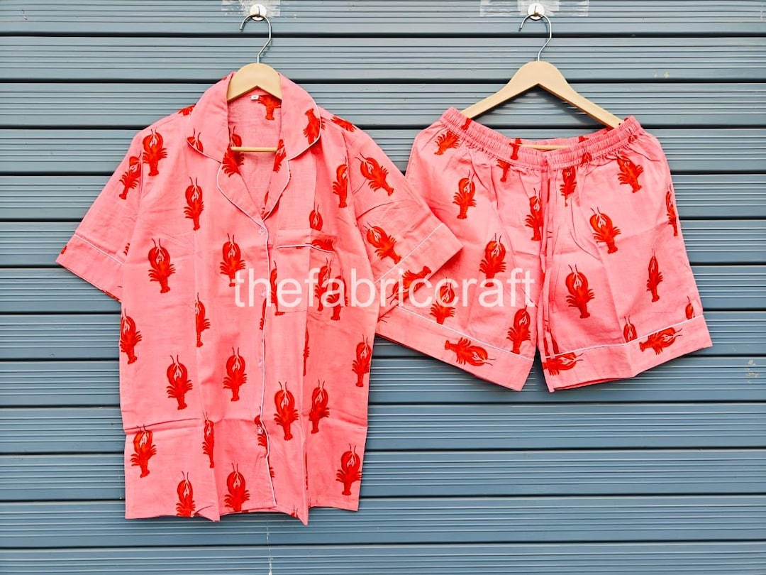 Lobster Print Cotton Pajama Short Set: Indian Print Sleepwear