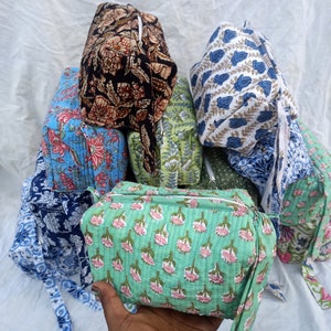 5 Piece Block Print Toiletry Bag Set: Floral Cotton Cosmetic Bags