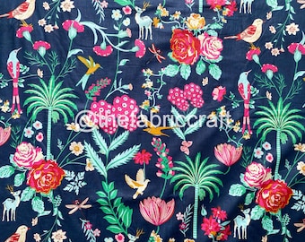Indian Animals and Birds Cotton Fabric, Hand Block Print, Boho Style