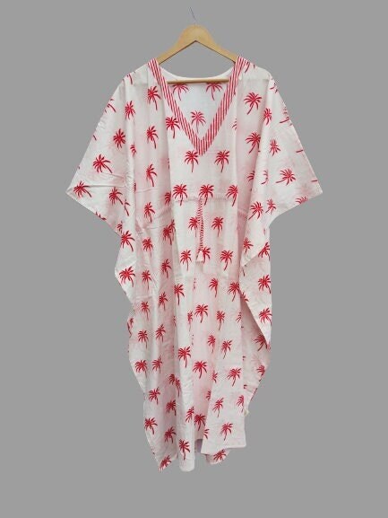 Palm Tree Print Cotton Kaftan Dress, Indian Block Print Caftan, Dress For to be Moms,Maxi Dress, Beach Cover up, Cotton Caftan, Gift For Her