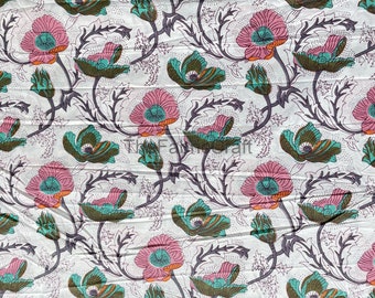 Floral Hand Block Print Cotton Fabric: Soft Sewing Fabric By The Yard