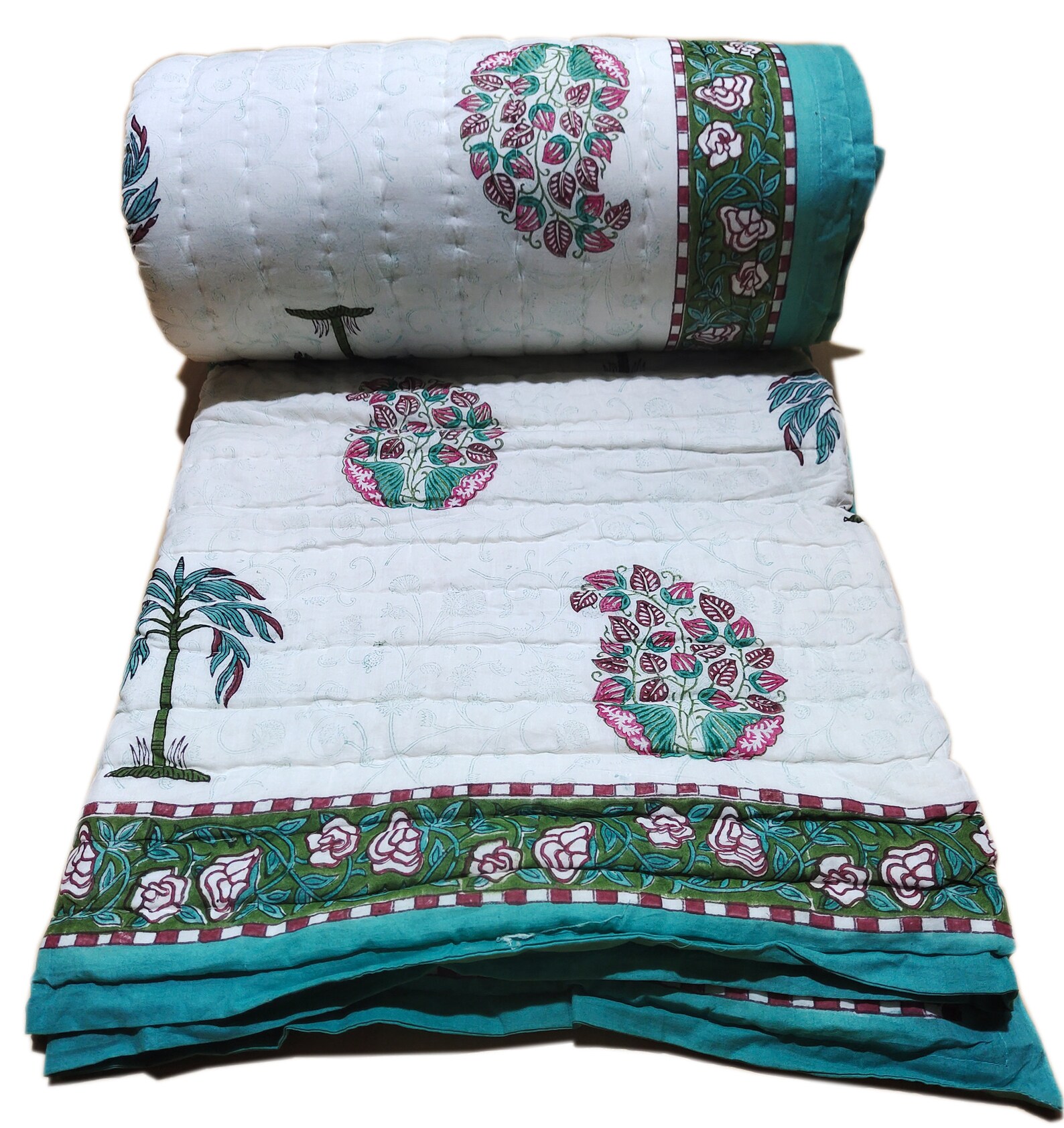 King Size Cotton Quilt Block Print Quilt Cotton Bedspread Etsy UK