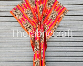 Handmade Tiger Print Cotton Kaftan: Beach Cover Up Maxi Dress