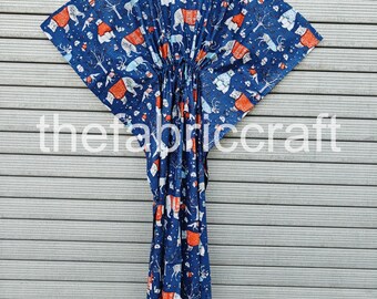 Christmas Print Cotton Kaftan: Indian Block Print Maxi Dress