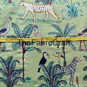 Handmade Indian Cotton Fabric By The Yard: Light Green Jungle Animals Print