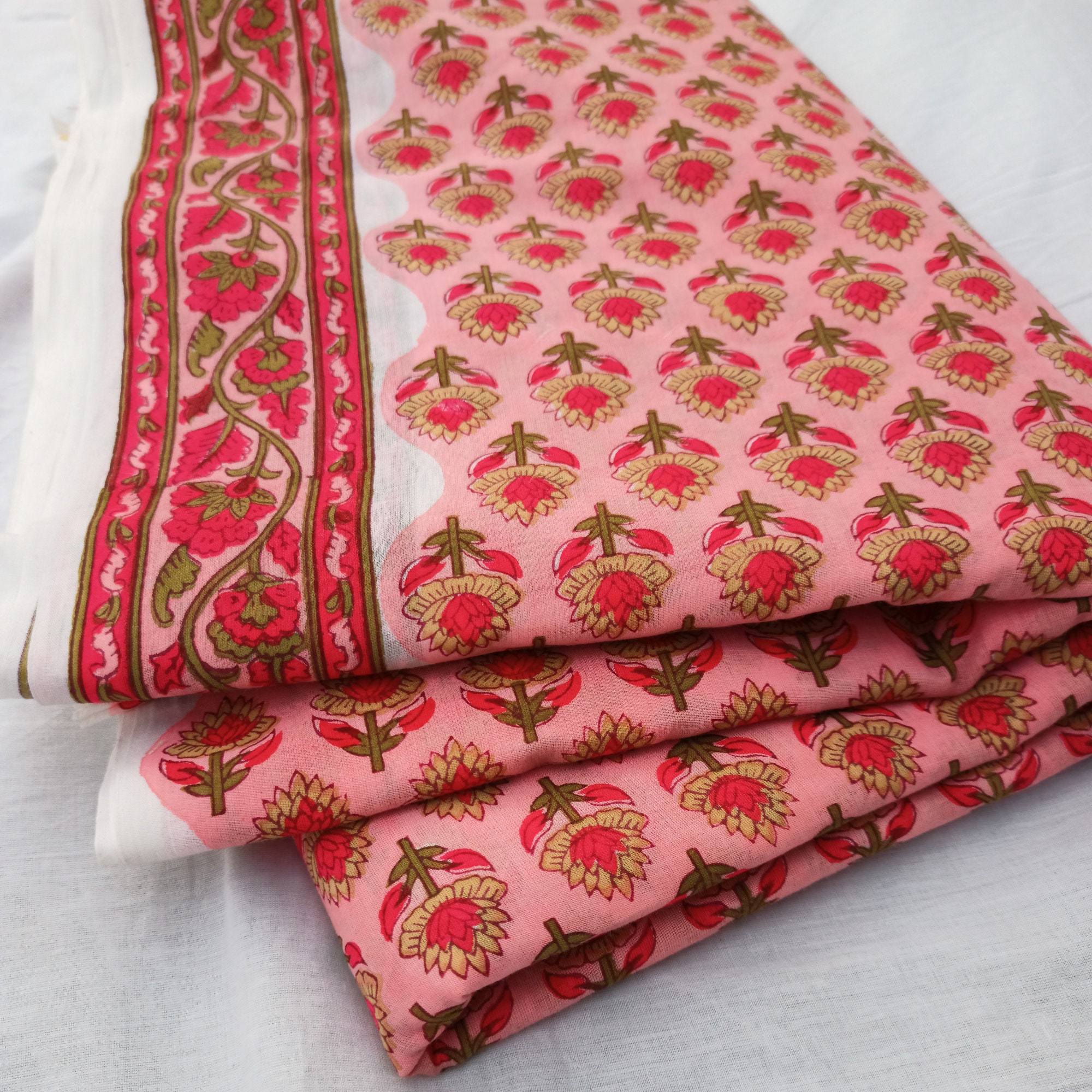 Anokhi Block Print Cotton Fabric Pink Floral Design Fabric Etsy