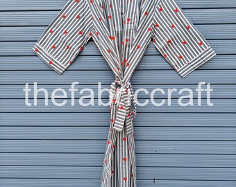 Floral Cotton Kimono Robe: Sanganeri Hand Block Print Loungewear
