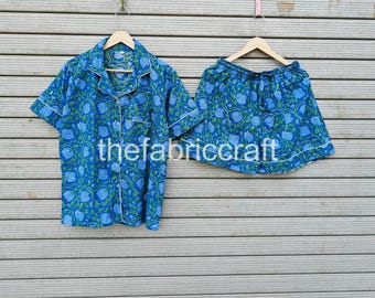Floral Baumwolle Pyjama Short Set: Indische Print Nachtwäsche