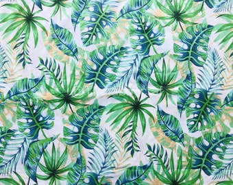 Tissu en coton imprimé main : tissu à coudre feuilles tropicales par mètre