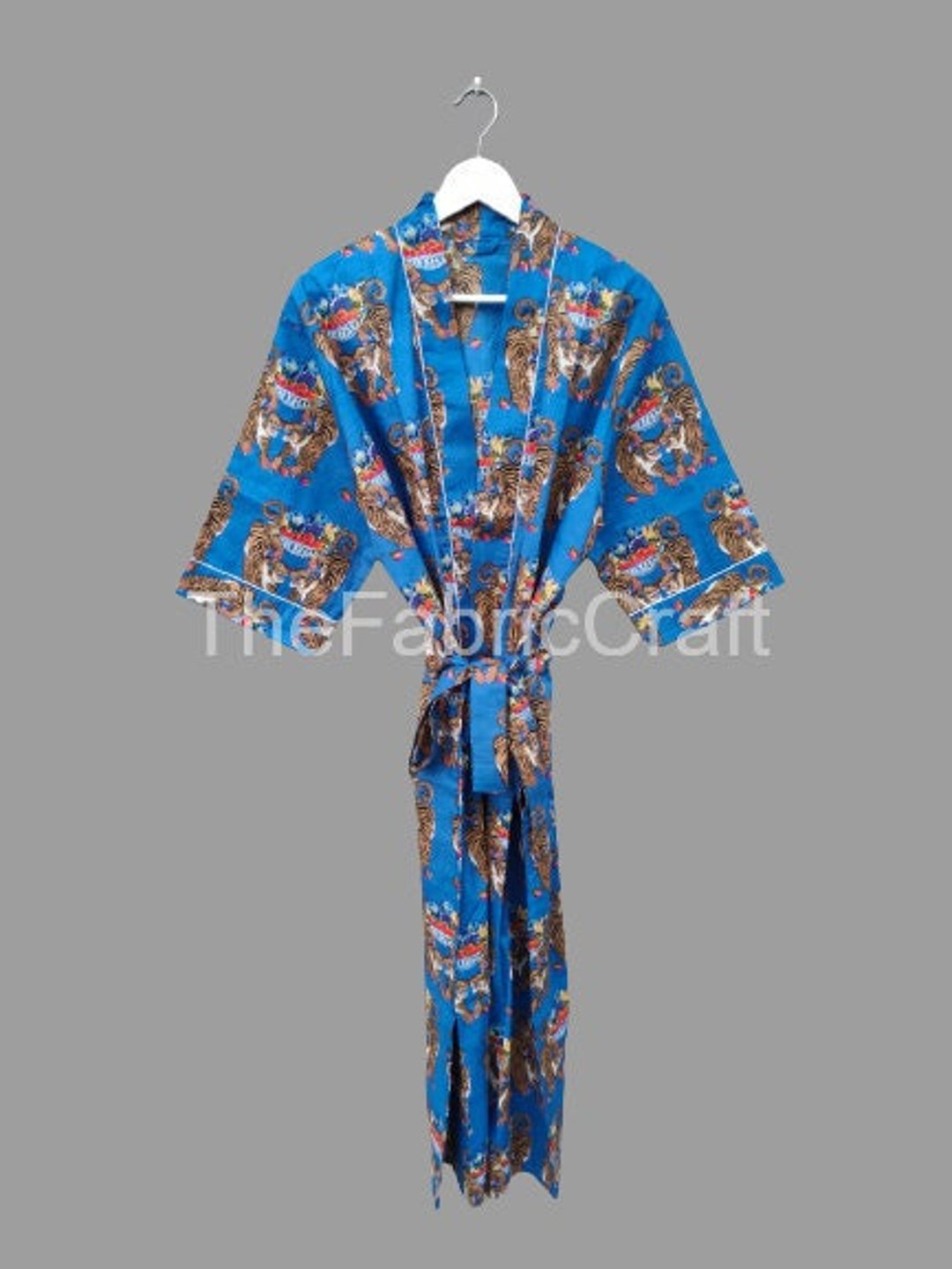Accappatoio Kimono In Cotone Indiano Stampa Tigre Blu, Fatto A Mano, Con Cintura E Tasche, Taglia Unica Donna